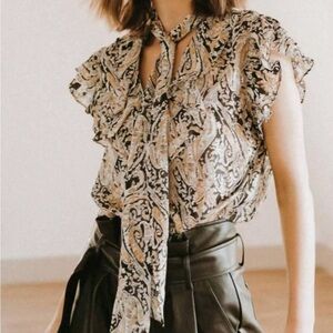 Tapestry Tie-Neck Ruffle Top/Blouse, sz Small.